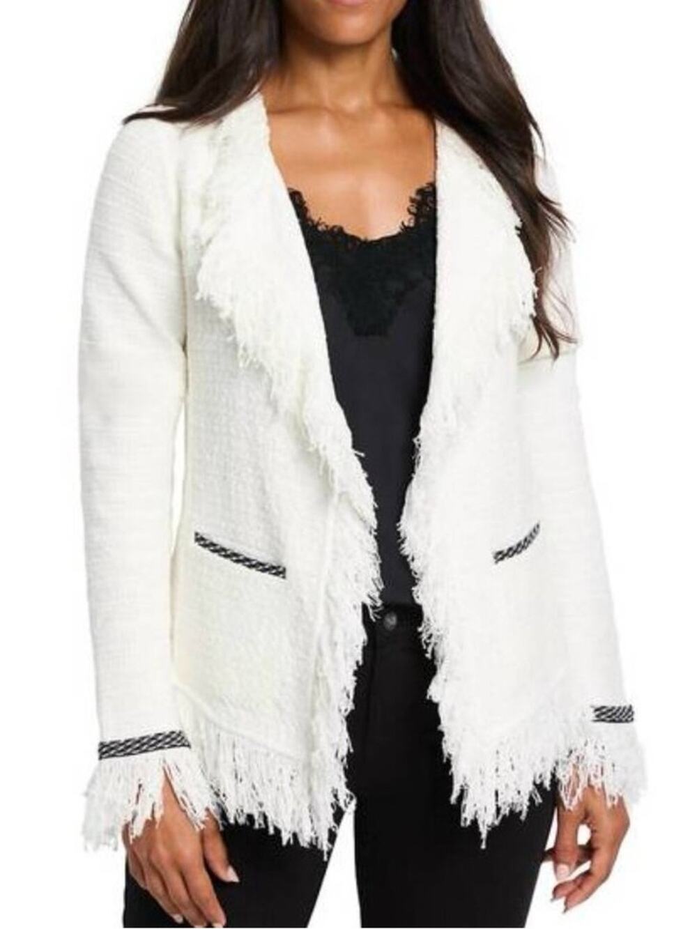 Nic + Zoe $218 Statement Fringe Mix Knit Jacket Blazer In White Size XL NWT
